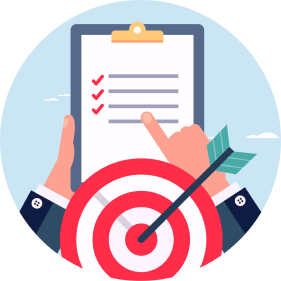 Illustration of a pair of hands holding a checklist, with an arrow hitting the bullseye of a target below 