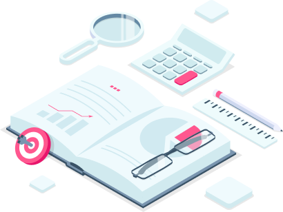 Picto of an open book, a target with an arrow in the bullseye, a calculator, a pencil, a pair of glasses, a ruler and a magnifying glass 